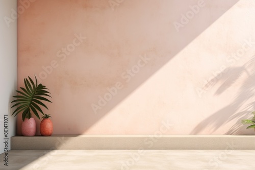 Coral minimalistic abstract empty stone wall mockup background for product presentation. Neutral industrial interior with light, plants, and shadow photo