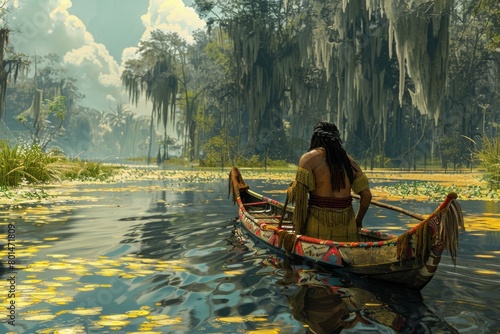 A Native American Indian is sailing his canoe through the southern swamp. photo