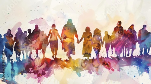 jesus christ holding hands with diverse group of people digital watercolor painting photo