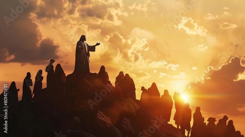 jesus christ preaching to the crowd on a mountaintop spiritual silhouette art photo