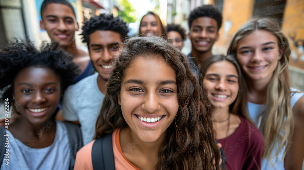 Obraz premium Portrait of group of smiling students standing together in college campus