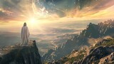 jesus christ son of god overlooking earths multitudes from mountaintop religious illustration