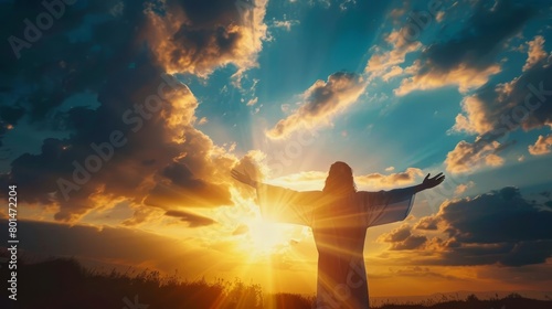 jesus christ with open arms salvation and resurrection concept vibrant sunset photo