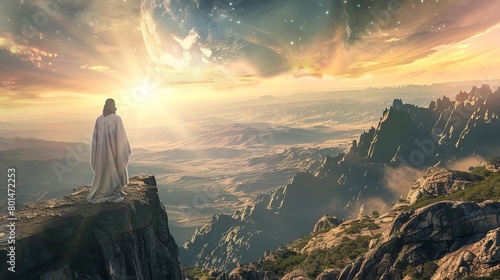 jesus christ son of god overlooking earths multitudes from mountaintop religious illustration photo