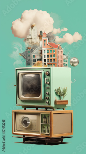 Wallpaper Mural Whimsical and abstract photo montage featuring a 1960s old tv set with a surreal cityscape and clouds background. Paper cutouts create a retro aesthetic perfect for nostalgic design projects Torontodigital.ca