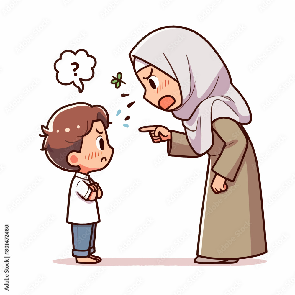 Carton Illustration of Mother Scolding Her Son
