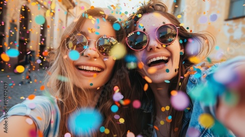 joyful young women celebrating summer festival with colorful confetti outdoor selfie moment