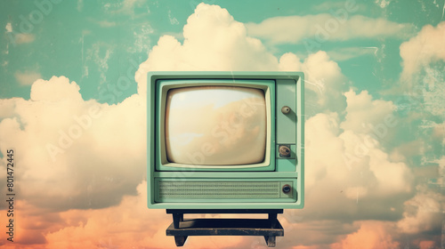 Wallpaper Mural Creative photo montage featuring a vintage 1960s television set against a surreal sky with fluffy clouds, captured in a paper cutout style. Perfect for retro-themed designs and posters Torontodigital.ca