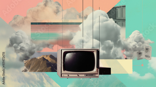1960s old tv sits against a surreal montage combining clouds and mountains, with abstract shapes and paper cutouts, evoking a retro feel in a modern art conceptual poster