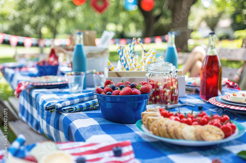 Blurred background, picnic in red, blue, white colors for 4th of July day