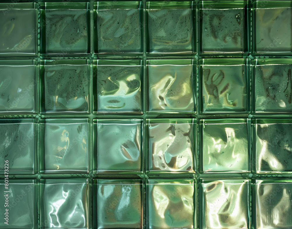 Green glass blocks background, texture of square bathroom wall tiles