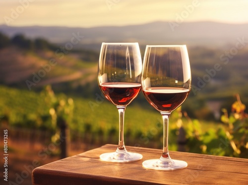 Two glasses of wine, vineyard landscape background
