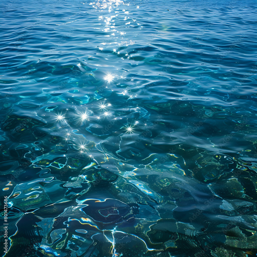 The sun shines on the sea, with clear water and ripples. The sunlight reflects in the shimmering waves of the blue ocean. The photography style is realistic with high definition details. 