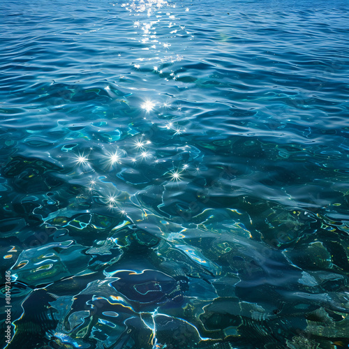 The sun shines on the sea, with clear water and ripples. The sunlight reflects in the shimmering waves of the blue ocean. The photography style is realistic with high definition details. 
