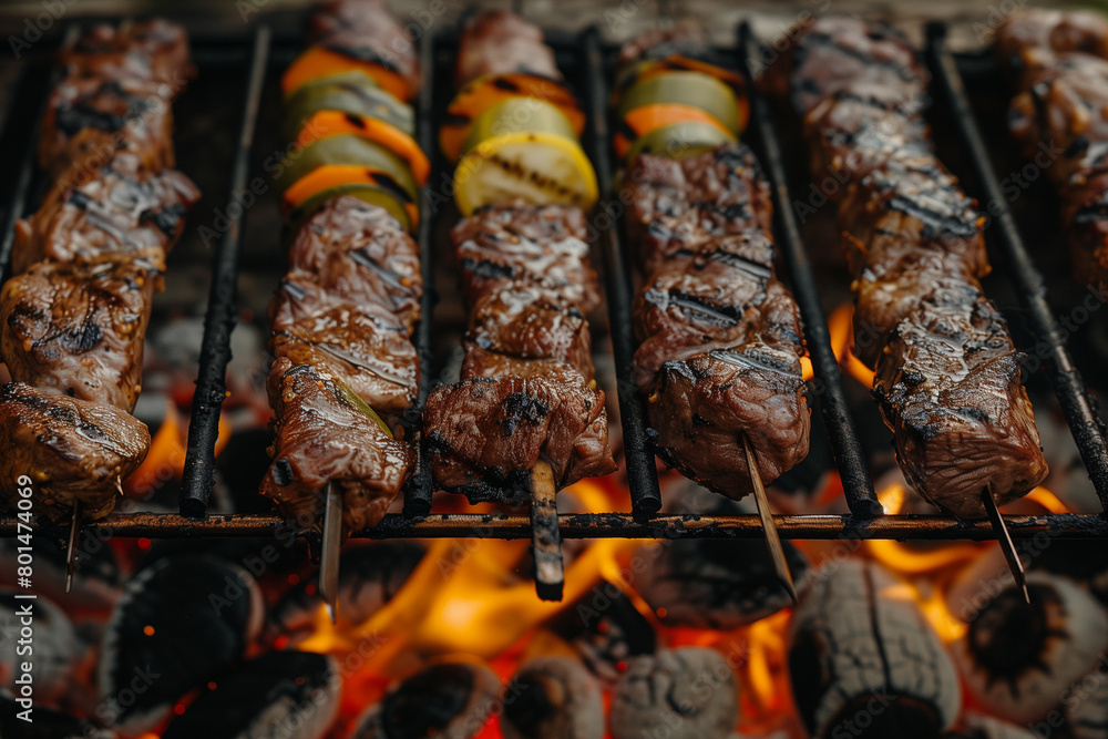 Grilled meat on skewers on a barbecue grill with flames Grilled meat on skewers on a barbecue grill with flames