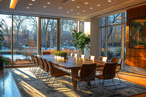 A small conference room with a sleek wooden table and modern chairs, bathed in soft natural light from a large window. © shafiq