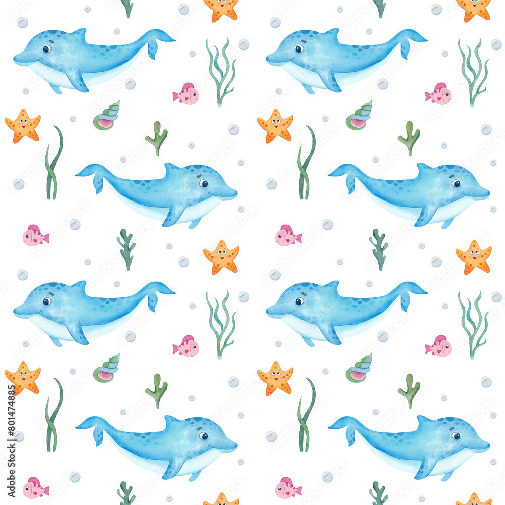 Watercolor seamless pattern with cute dolphin, starfish, fish, algae, seashells, bubbles. Watercolor seamless pattern with cute dolphin, starfish, fish, algae, seashells, bubbles.