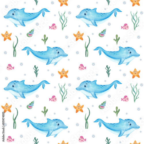 Watercolor seamless pattern with cute dolphin, starfish, fish, algae, seashells, bubbles.