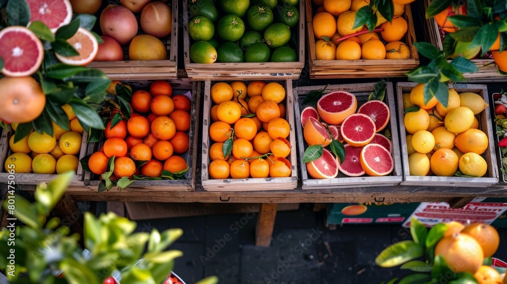 Aerial View of Colorful Citrus Fruit Stall Celebrating National Fresh Fruit and Vegetables Month Aerial View of Colorful Citrus Fruit Stall Celebrating National Fresh Fruit and Vegetables Month