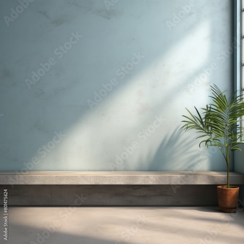 Cyan minimalistic abstract empty stone wall mockup background for product presentation. Neutral industrial interior with light, plants, and shadow 