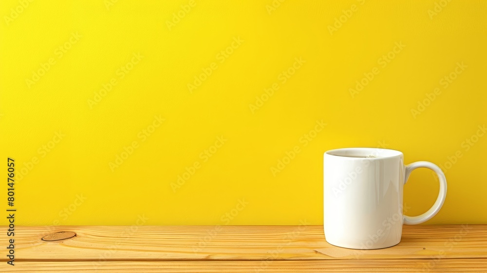   A white coffee mug atop a wooden table Yellow wall behind Wooden floor beneath