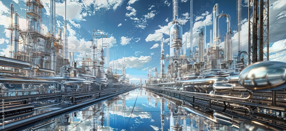 A vast industrial scene with numerous pipes stretching towards the horizon, surrounded by smoke and atmospheric fog, creating a dystopian effect. A vast industrial scene with numerous pipes stretching towards the horizon, surrounded by smoke and atmospheric fog, creating a dystopian effect.
