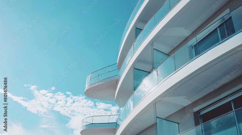 Fototapeta premium Modern Luxury Apartments with Balconies Against a Clear Blue Sky