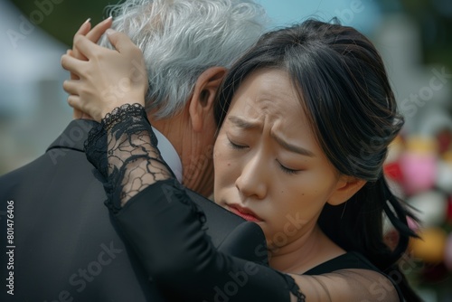 Close-up of a young Asian woman in a black dress crying and hugging an old man with gray hair in a suit at a funeral with a background on an open cemetery in the style of an emotional moment