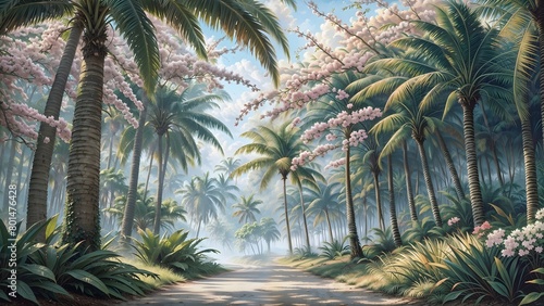 Tropical landscape with palm trees  road and flowers. 3d render