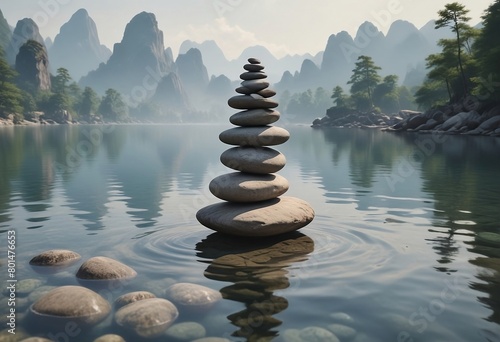 A stack of rocks sitting on top of a body of water f orest in background with blur view concept   3D illustration banners created with generative ai.