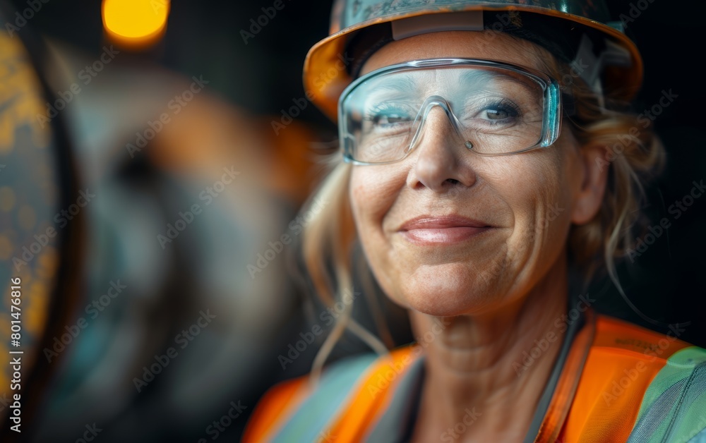 a smiling 55 year old woman construction worker, wearing an old gray hardhat, flourescent construction vest and clear safety glasses a smiling 55 year old woman construction worker, wearing an old gray hardhat, flourescent construction vest and clear safety glasses