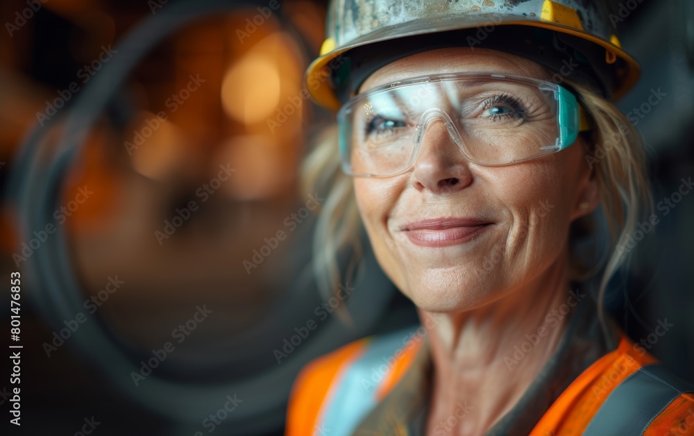 a smiling 55 year old woman construction worker, wearing an old gray hardhat, construction vest and clear safety glasses a smiling 55 year old woman construction worker, wearing an old gray hardhat, construction vest and clear safety glasses