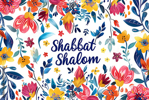 Shabbat Shalom or Shabbat of peace in Hebrew. Hand written text on colorful background with a lot of leaves and flowers. Hand lettering typography for greeting card, banner, decoration, poster.