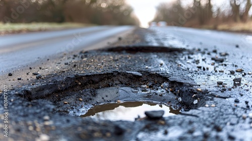 Crew fixing potholes on derelict asphalt road to improve safety and smoothen commute photo