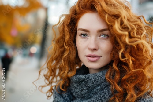 Beautiful smiling sensual Redhead young woman at a city streets looking at the camera photo