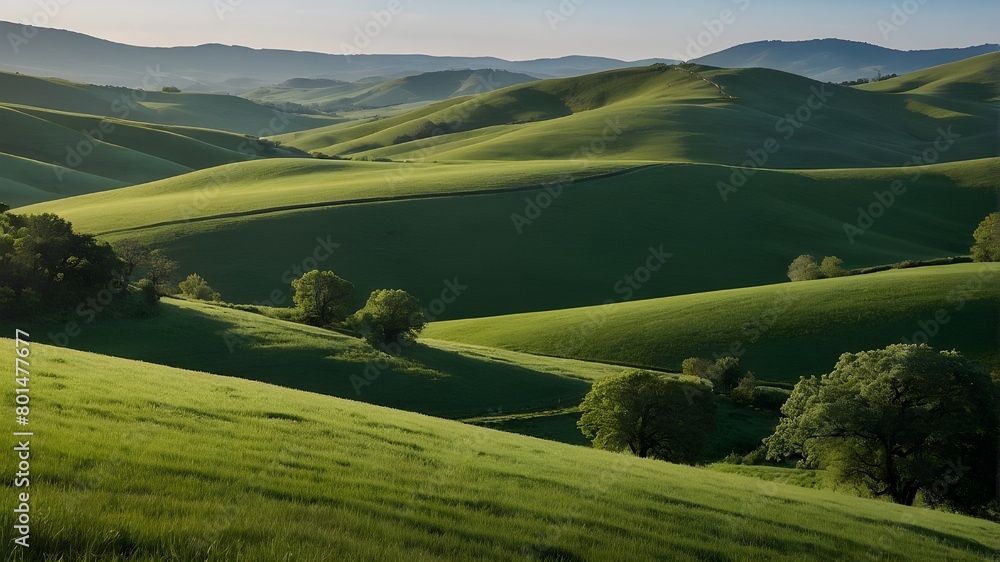 A view of rolling green hills separated against a clear backdrop.