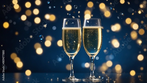 Two glasses of champagne clinking, with sparkling bubbles in the glass on dark blue background.for festive for Christmas or other special events,