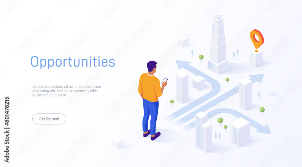 Man pondering choices at a question mark crossroad with multiple arrows. GPS navigation. Concept of decision making. Vector isometric illustration. Business concept. Man pondering choices at a question mark crossroad with multiple arrows. GPS navigation. Concept of decision making. Vector isometric illustration. Business concept.