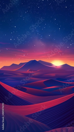Desert Landscape with Sand Dunes and Warm Gradient Starry Sky. Peaceful Contemporary Wallpaper.