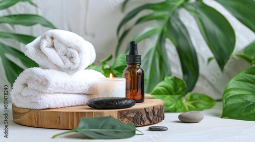 a spa setting featuring an essential oil bottle  candle  and white towel arranged on a wooden board amidst lush green leaves and hot stones  against a soothing light grey background.