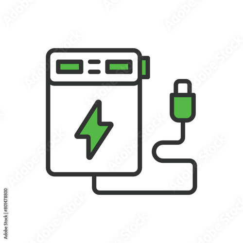 Power bank, in line design, green. Power, bank, portable, recharge, device, battery, technology, energy on white background vector. Power bank editable stroke icon.