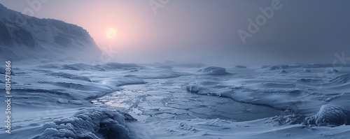 Icy landscape near Base Brown landing site at dawn photo