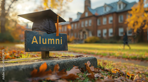 Alumni Pride with Graduation Cap. ALUMNI sign in front of an academic building