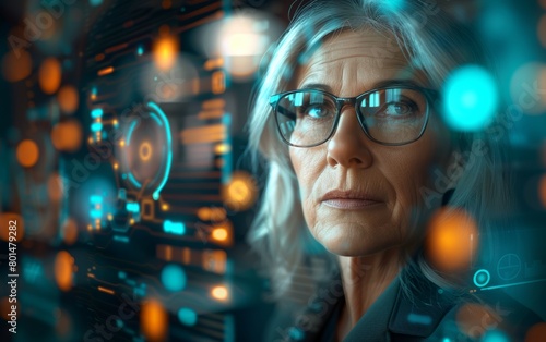 Middle aged businesswoman with glasses and graying hair in suit interacting with synthetic intelligence and futuristic technology to increase productivity, cyberware, duality of man and technology