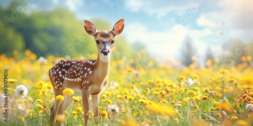 Cute spotted deer on grassy meadow in national park****