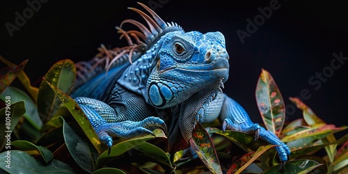 Close-up of a Grand Cayman blue iguana on a plant against a black background photo