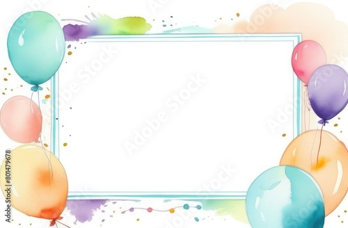 simple watercolor illustration of a frame with balloons. birthday cards with copy space