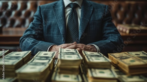 Businessman in Suit and Tie Standing in Front of Stacks of Money. Generative AI photo