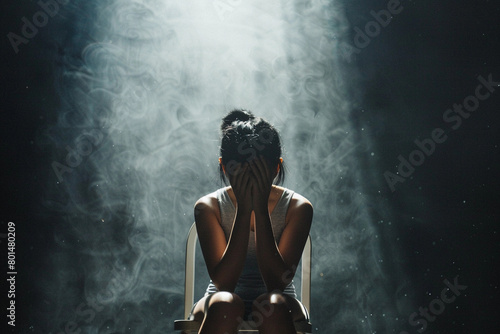 Despairing Young Woman Sitting Alone in Darkness
