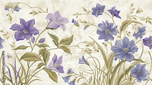 Wallpaper Mural larkspur plants delicately embroidered onto textured natural cream-colored paper, the stitches adding depth to each flower's form, with a soft color palette of rose, mauve, and cream. Torontodigital.ca